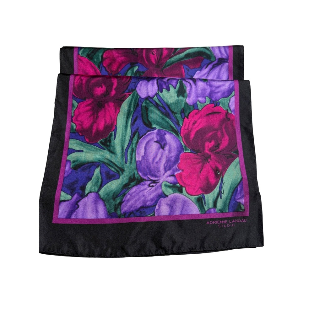 VTG Adrienne Landau Studio Scarf  OS Purple Floral 100% Silk EUC Oblong Iris